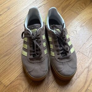 adidas gazelle Brown Suede Sneakers with Light Yellow Stripes